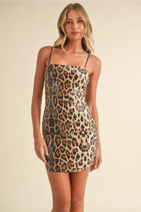 Leopard Printed Sequins Mini Dress