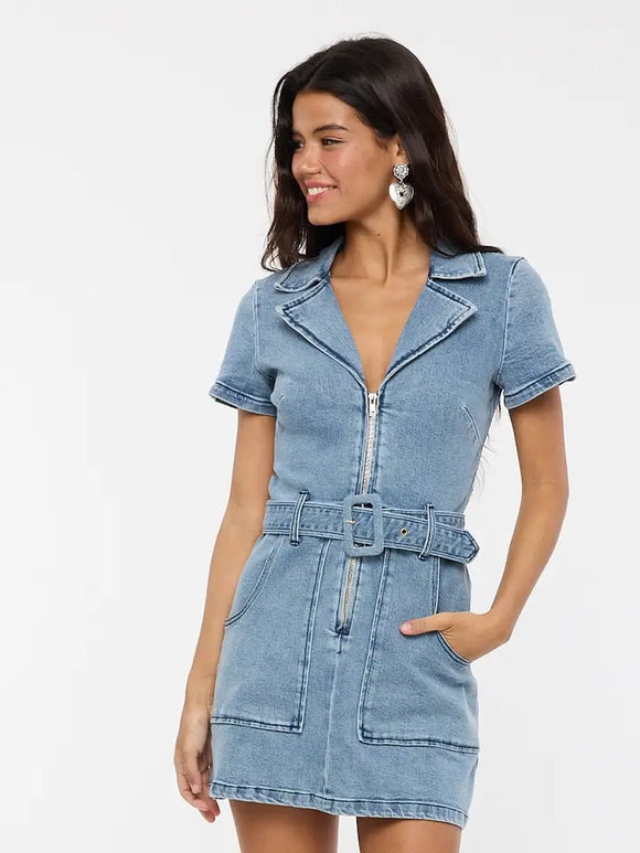 Belted Denim Collared Mini - Greige Goods