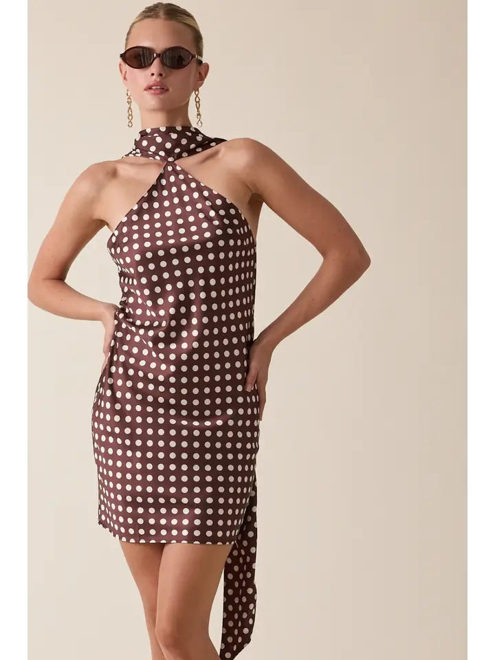 Stain Polka Dot Long Scarf Bias Cut Mini Dress