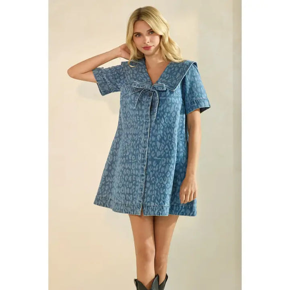 Collared Leopard Denim Mini - Greige Goods