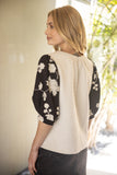 Floral Embroidered Contrast Puff Sleeve Top