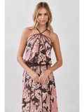 Floral Print Paneled Detail Halter Crop Top