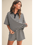 Striped Collared Short Sleeve Top and Shorts Set - Greige Goods