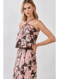 Floral Print Paneled Detail Halter Crop Top